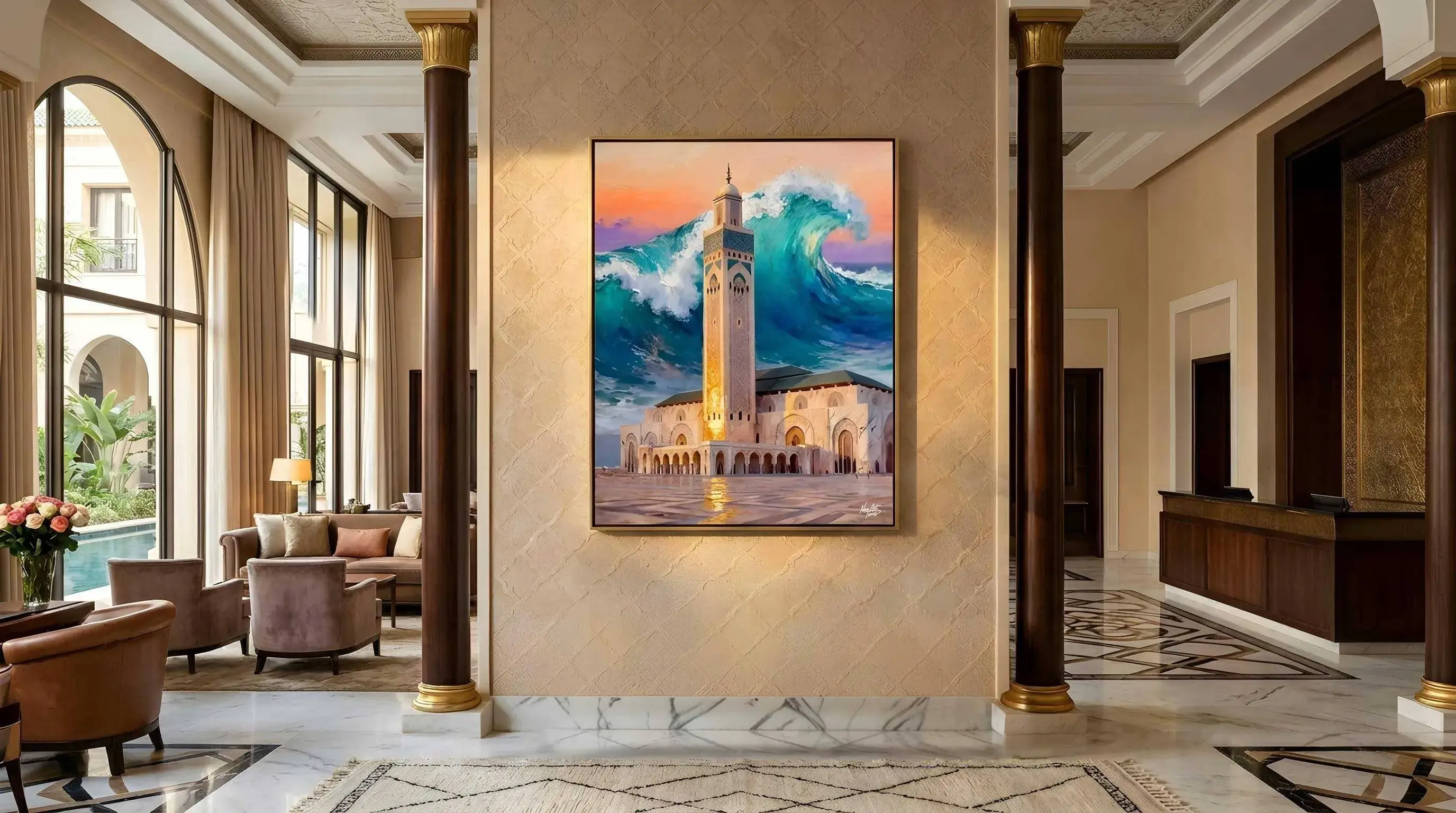 Œuvre New Art Times représentant la Mosquée Hassan II exposée dans un intérieur hôtelier