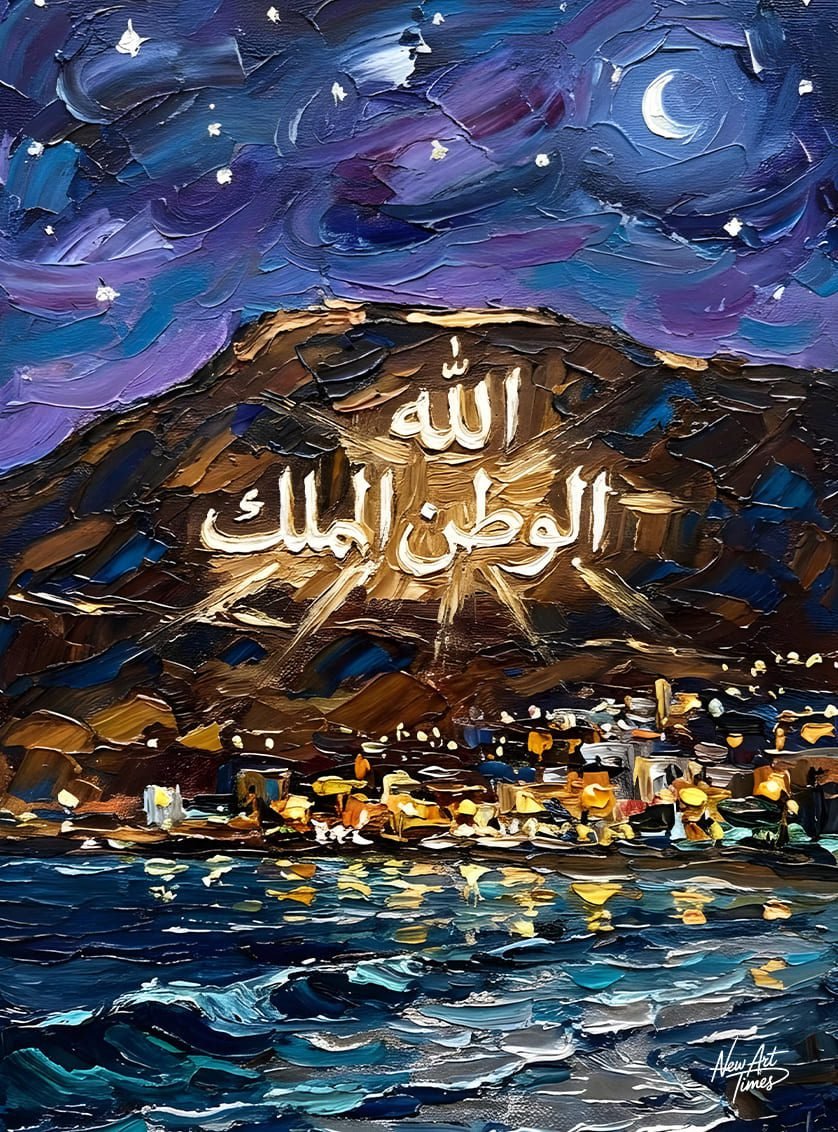 Sous le Signe du Royaume — œuvre originale NewArtTimes représentant Agadir de nuit, sa montagne illuminée et l’océan