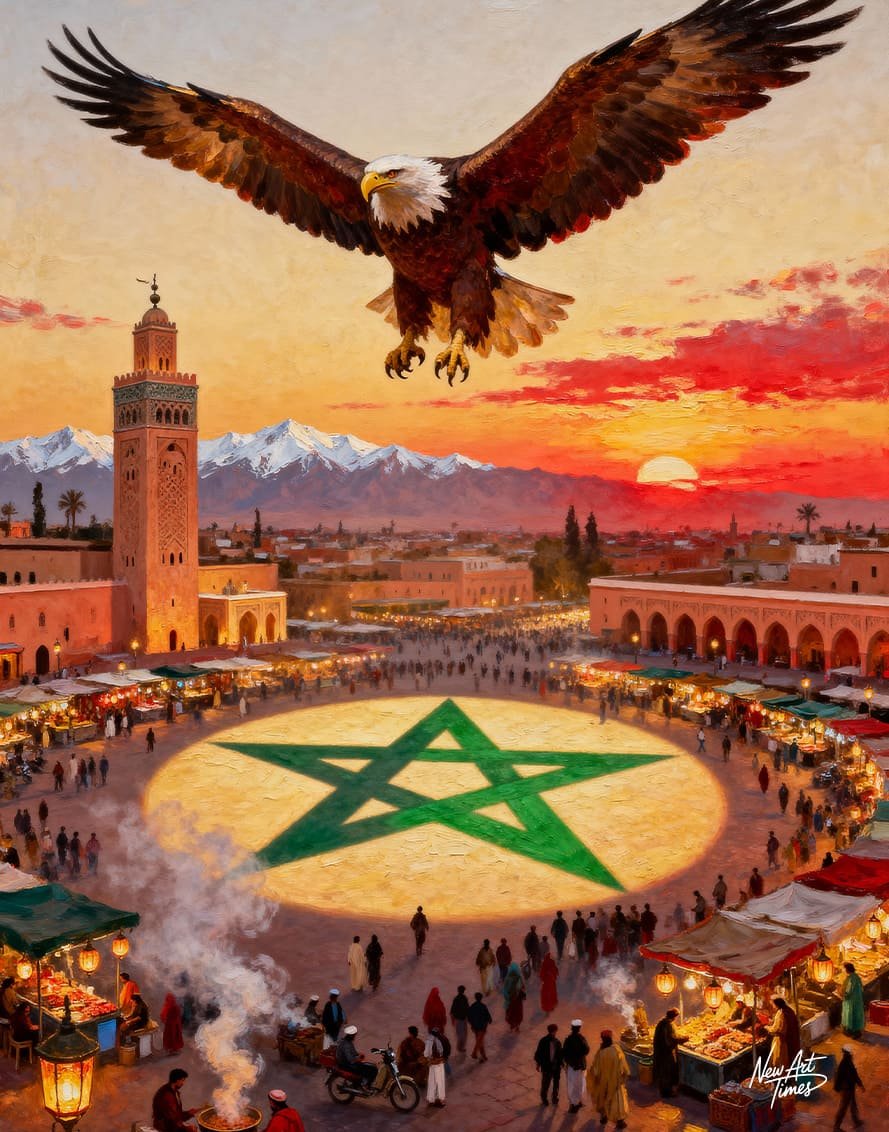Le Gardien du Royaume — œuvre originale NewArtTimes représentant un aigle majestueux survolant Marrakech au coucher du soleil