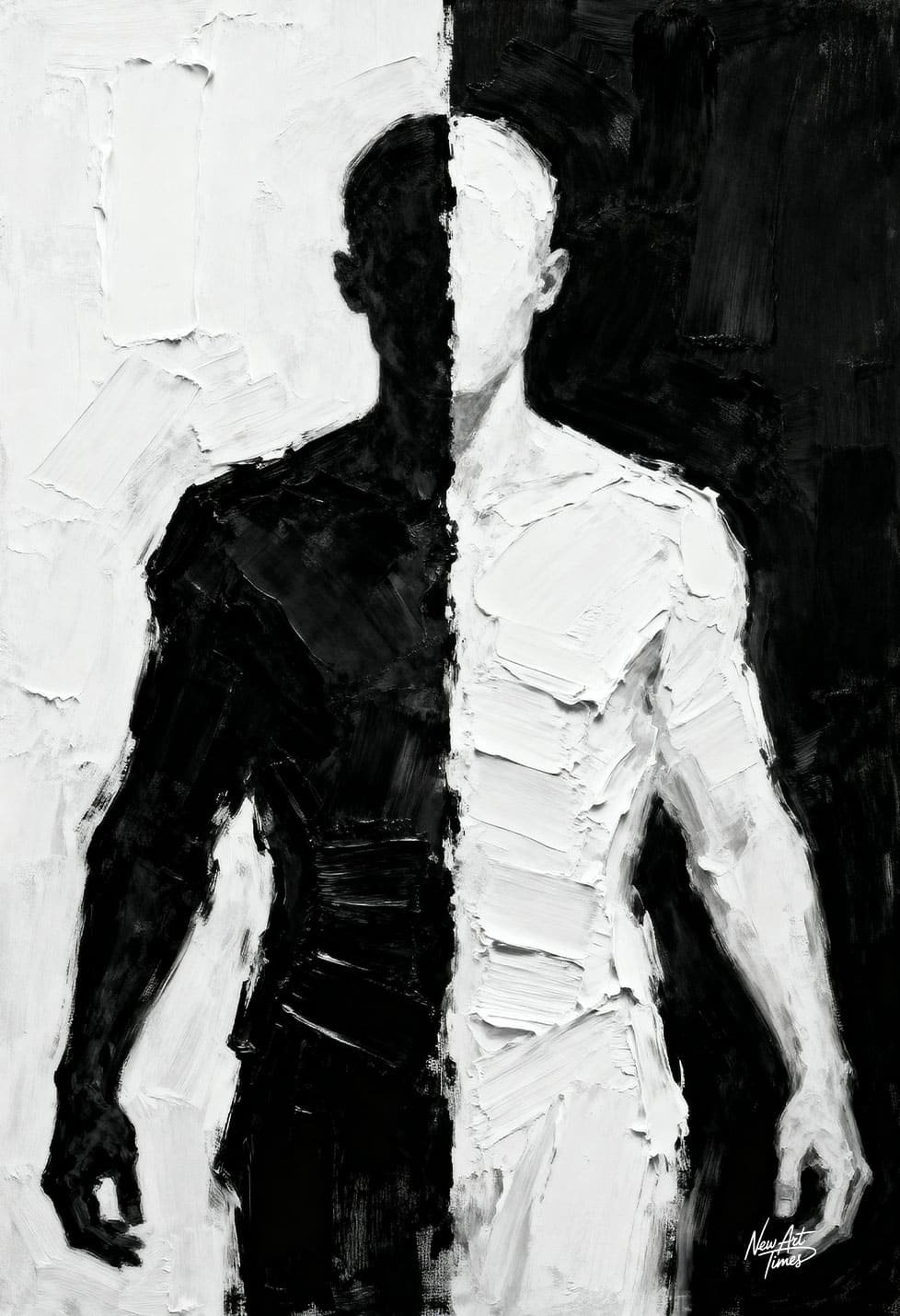 Deux Vérités — œuvre originale New Art Times représentant une silhouette humaine divisée entre noir profond et blanc lumineux