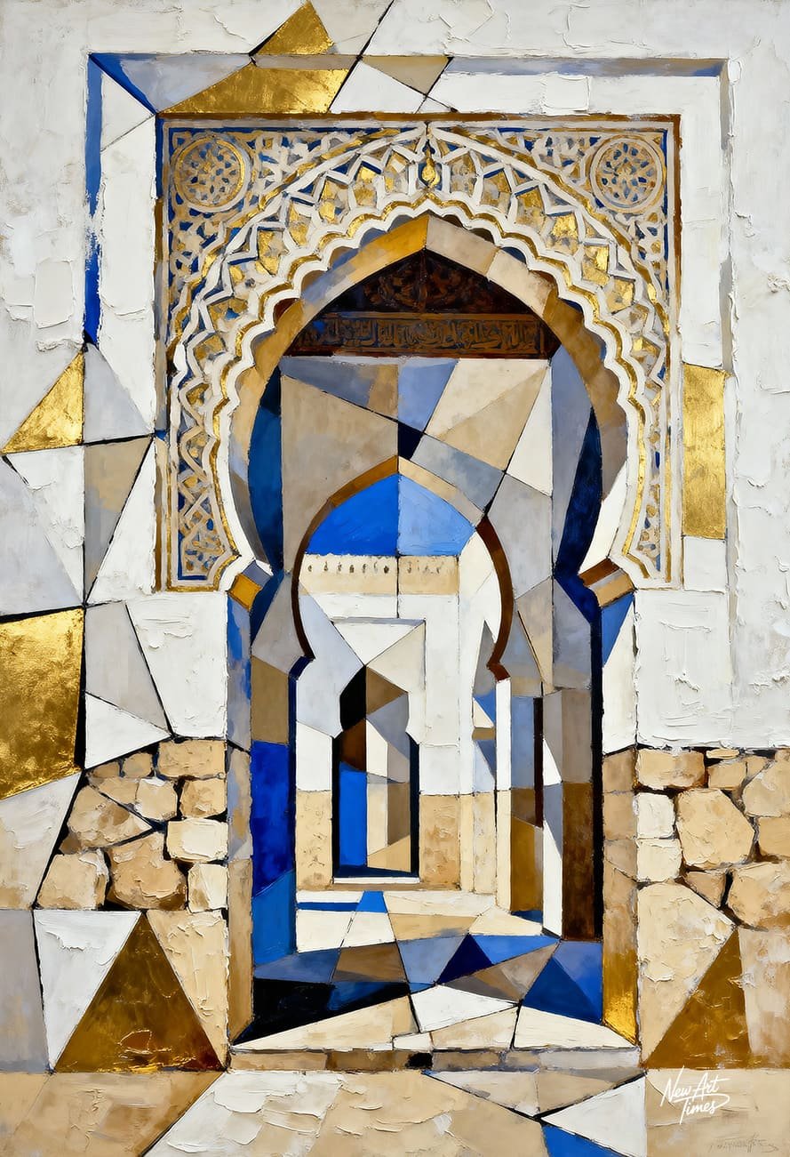 L’Arche d’Ivoire — œuvre originale NewArtTimes inspirée d’une arche orientale aux tons ivoire, or et bleu