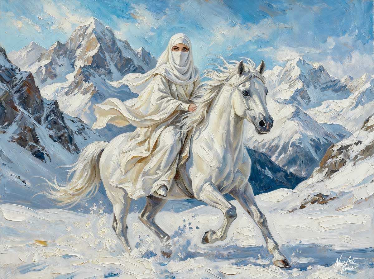 L’Échappée Blanche — œuvre originale New Art Times représentant une cavalière voilée de blanc sur un cheval blanc lancé dans les montagnes enneigées