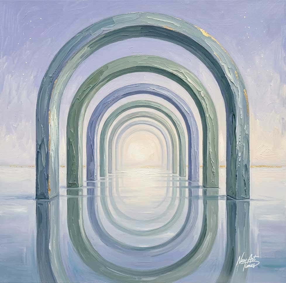 Le Point Calme — œuvre originale New Art Times composée d’arches sauge et lavande se répétant vers un horizon lumineux