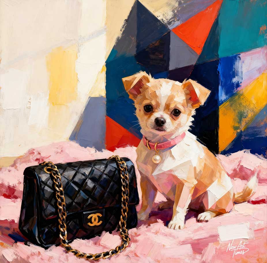 La Petite Héritière — œuvre originale NewArtTimes représentant un petit chien aux côtés d’un sac matelassé noir à chaîne dorée dans une composition rose et contemporaine