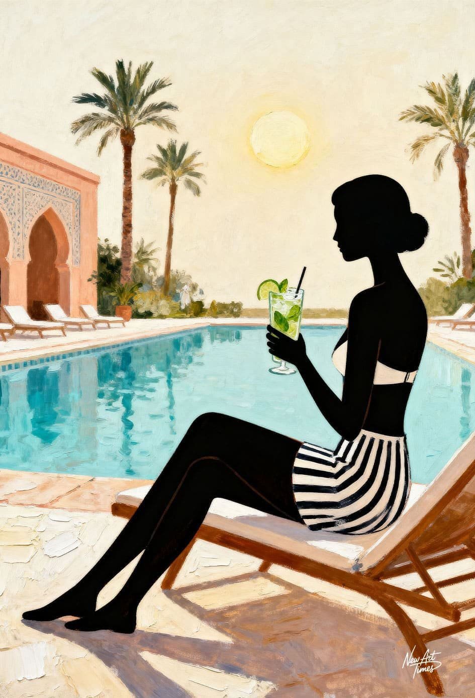 L’Instant Vert — œuvre originale NewArtTimes représentant une femme au bord d’une piscine tenant un cocktail vert dans une ambiance de riad