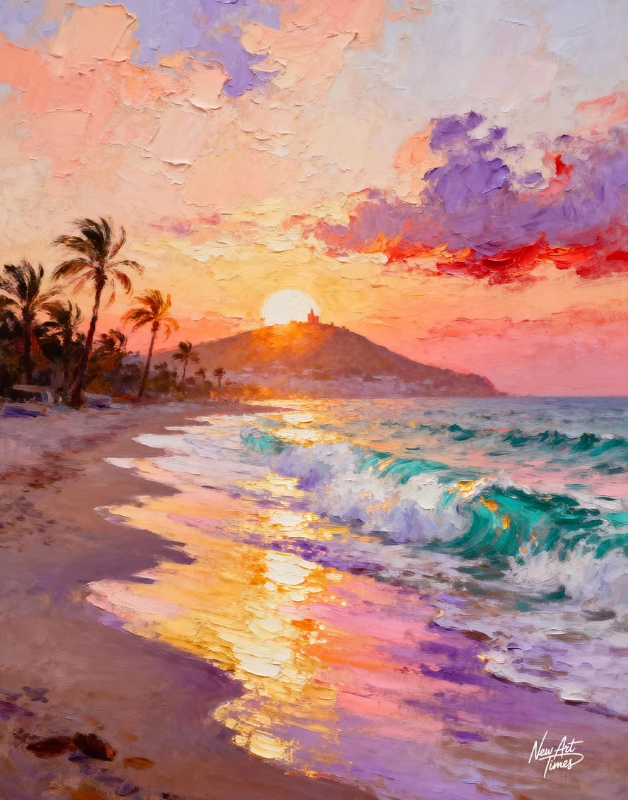 L’Heure Rose — œuvre originale NewArtTimes représentant une plage au coucher du soleil avec reflets roses, violets et turquoise
