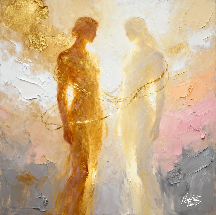 Le Fil des Âmes — œuvre originale NewArtTimes représentant deux silhouettes reliées par un fil d’or