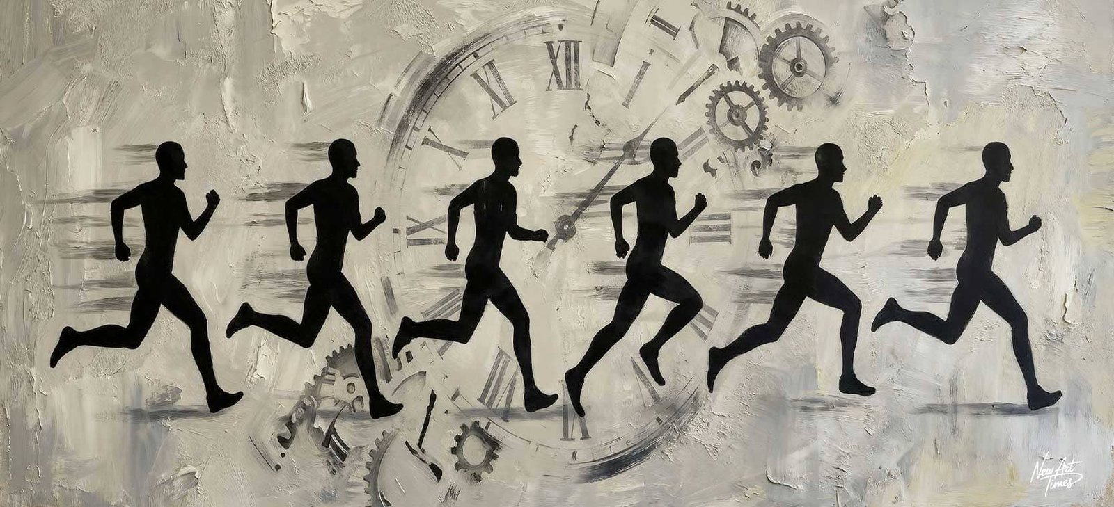 Contre la Montre — tableau New Art Times représentant des silhouettes en mouvement devant des horloges et engrenages