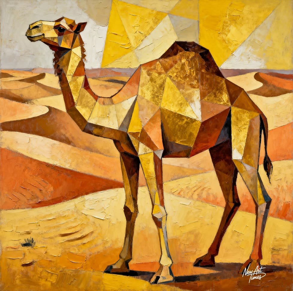 Sahara Facets — œuvre originale NewArtTimes représentant un dromadaire cubiste dans le désert