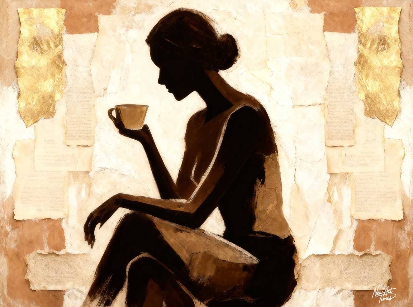Déconnectée — tableau New Art Times représentant une femme assise tenant une tasse dans une composition beige, noire et dorée