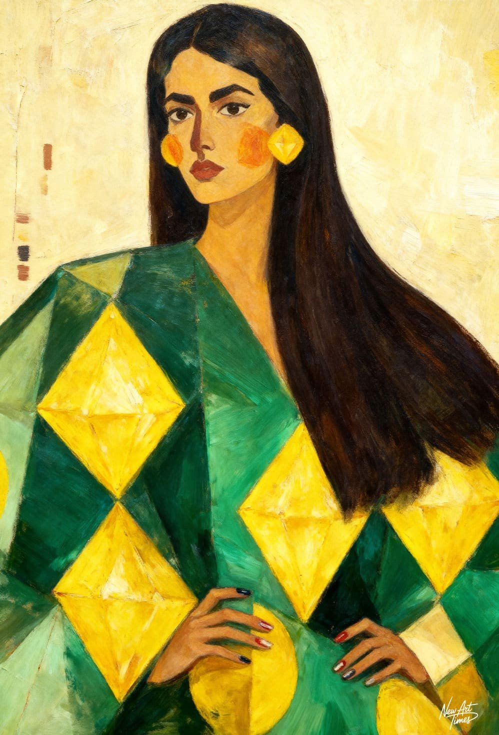 Présence Solaire — œuvre originale NewArtTimes représentant un portrait féminin en pose affirmée avec vêtement vert et jaune