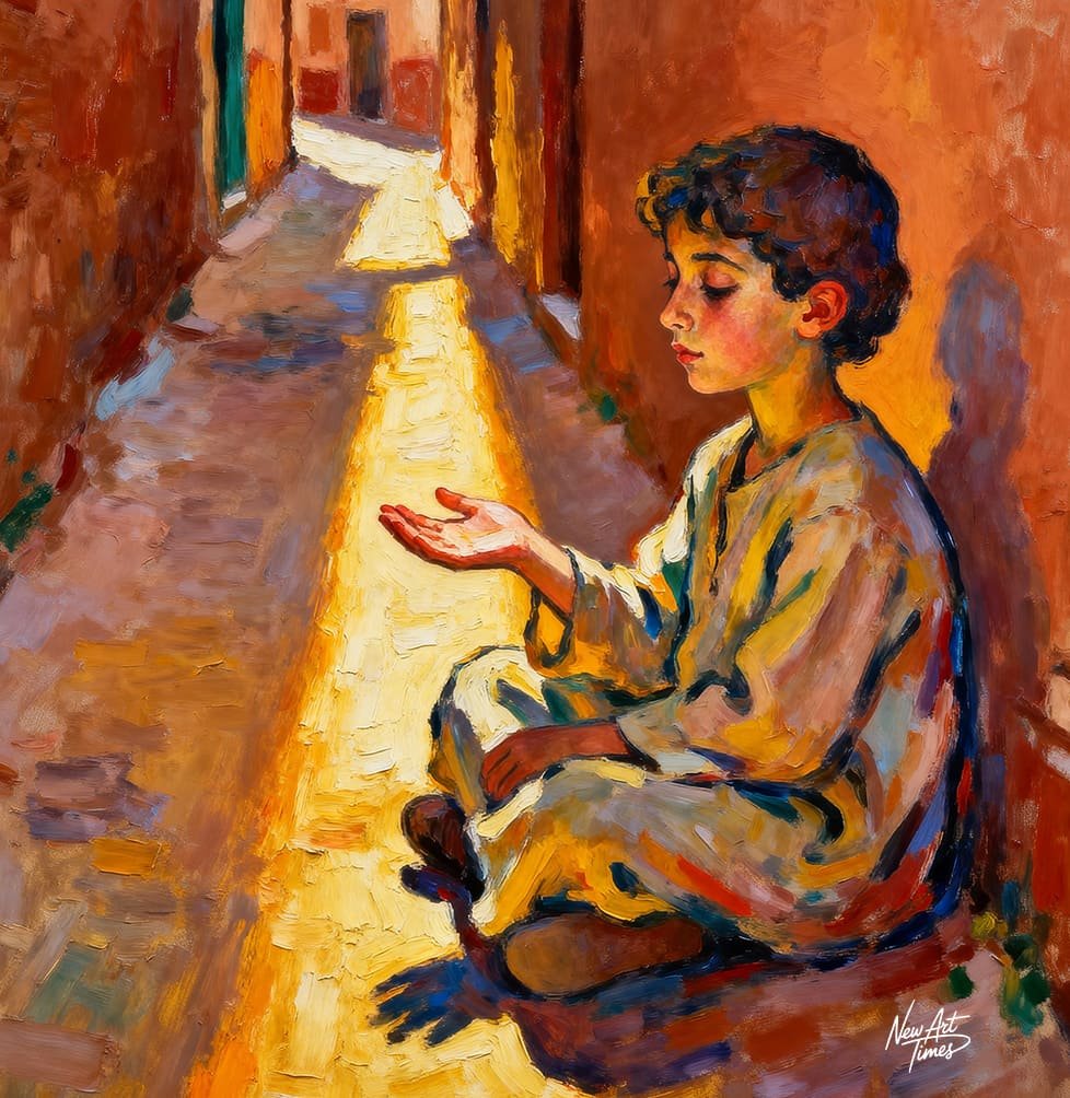 The Empty Hand — œuvre originale NewArtTimes représentant un jeune garçon assis seul dans une ruelle, la main tendue