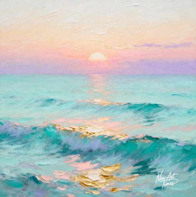 Le Silence de l’Horizon — œuvre originale NewArtTimes représentant une mer turquoise sous un coucher de soleil pastel