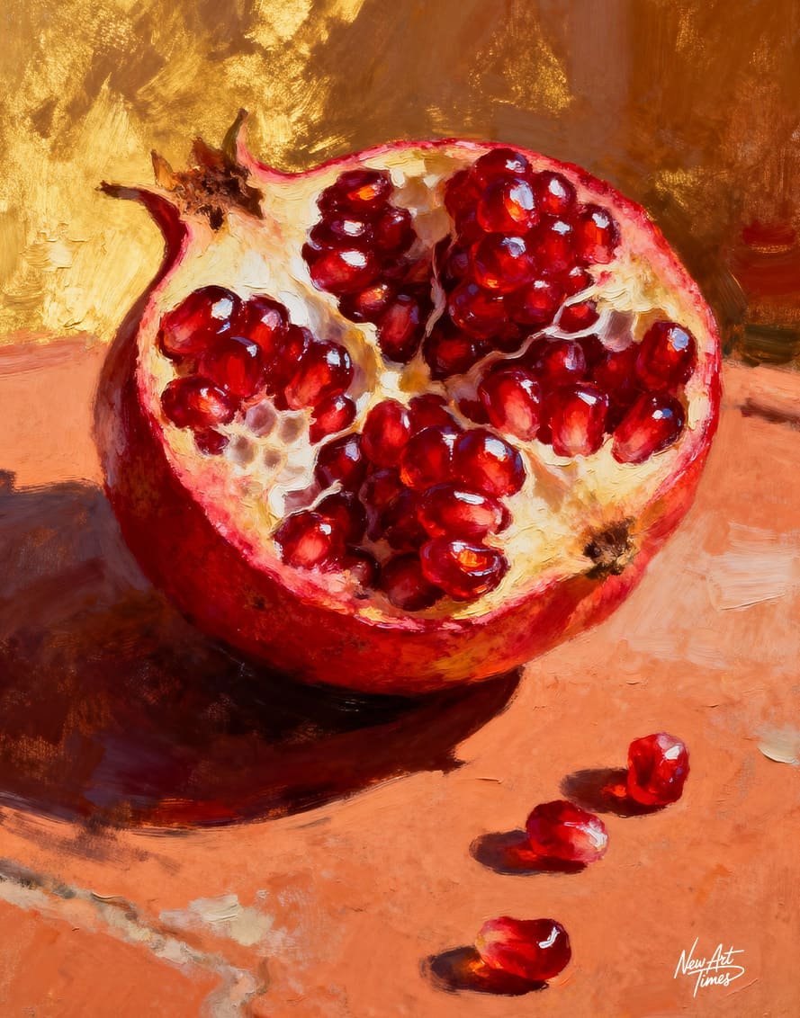 Le Fruit de Braise — œuvre originale NewArtTimes représentant une grenade ouverte aux grains rouges sur un fond chaud et doré