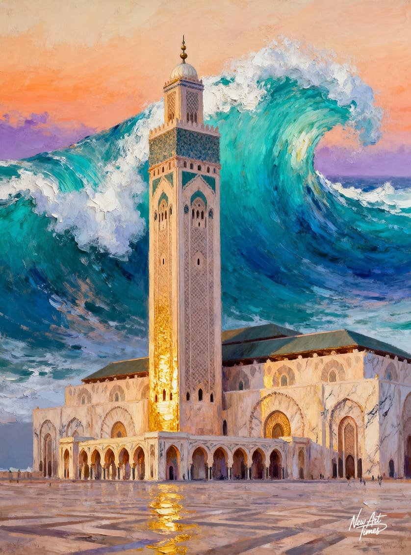 Le Minaret des Marées — œuvre originale NewArtTimes représentant la mosquée Hassan II face à une vague monumentale