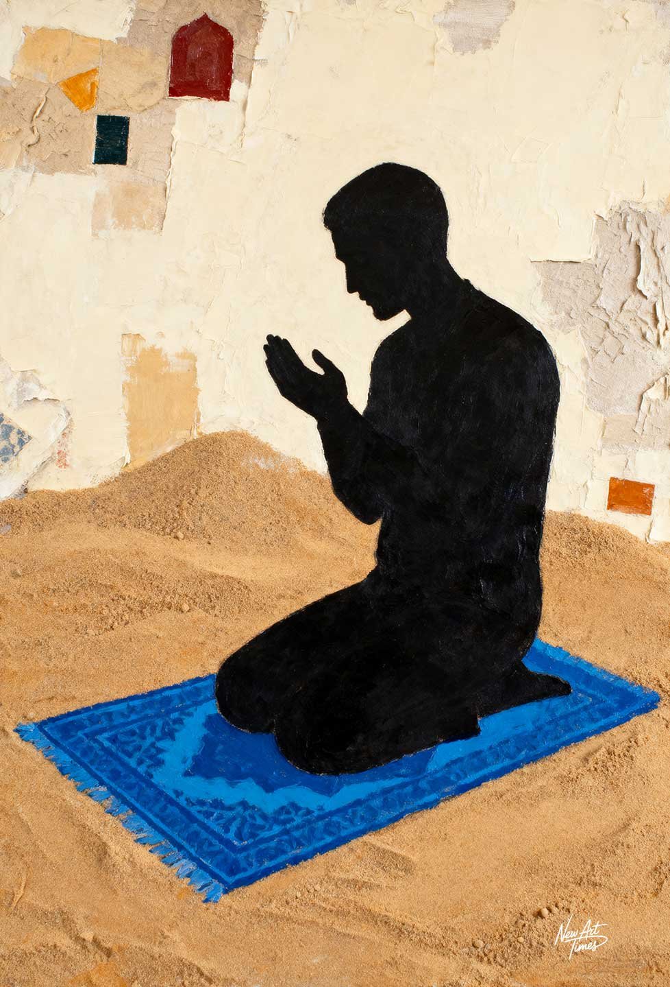 Le Lien — œuvre originale New Art Times représentant une silhouette en prière sur un tapis bleu