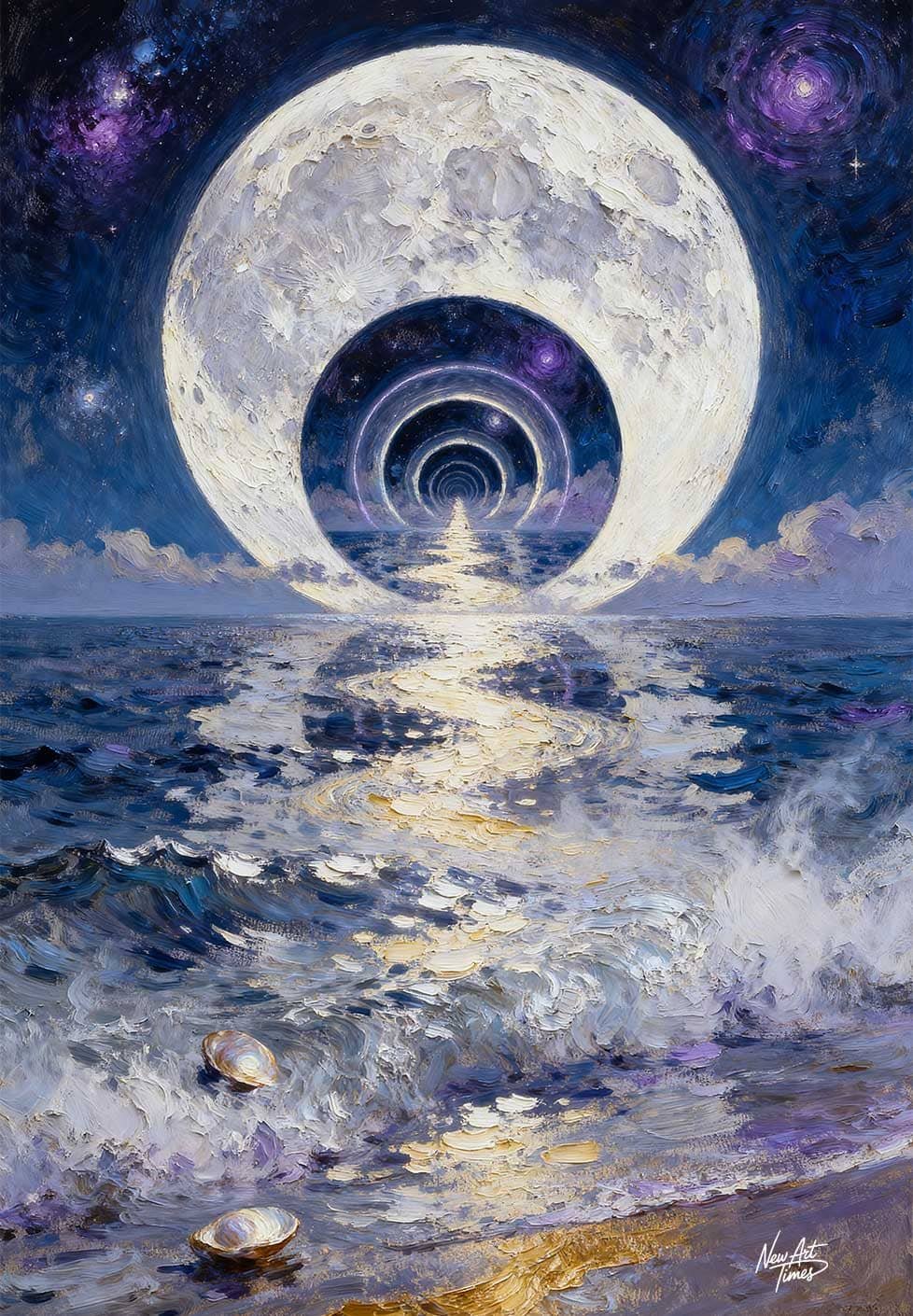 L’Autre Côté — œuvre originale New Art Times représentant une lune monumentale ouverte sur une succession infinie d’horizons au-dessus de la mer