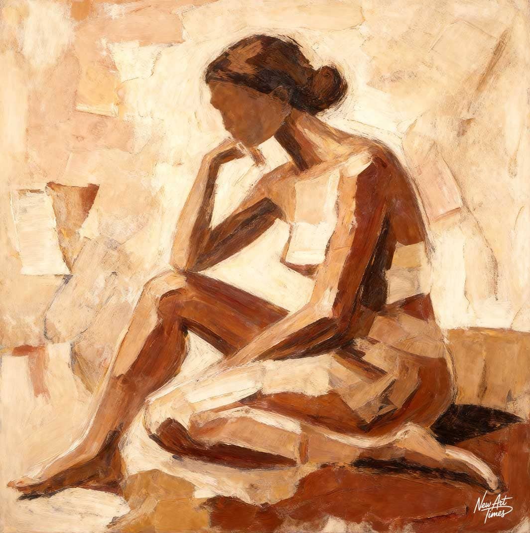 L’Instant Suspendu — tableau New Art Times représentant une femme assise dans des tons beige et terre