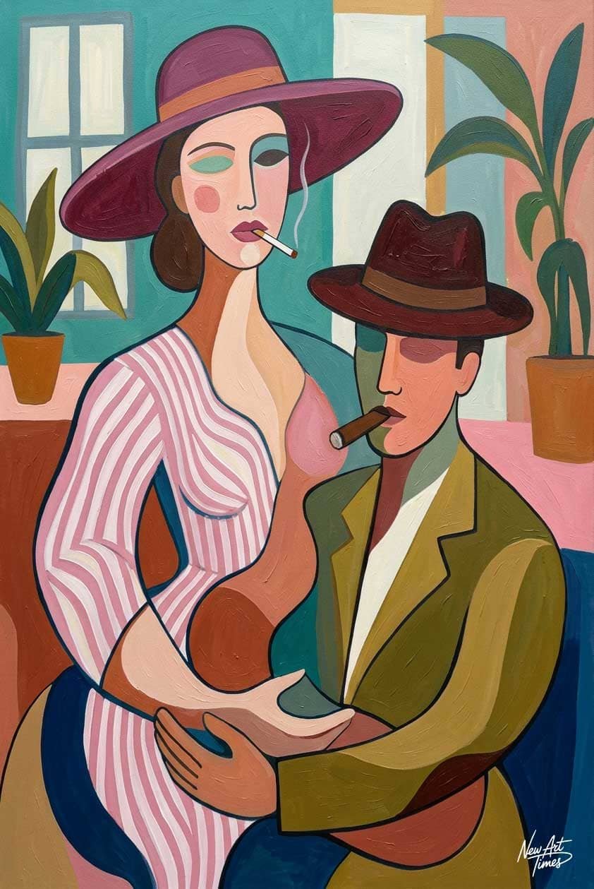 Je te Porte — tableau New Art Times représentant un couple stylisé dans une scène intime aux couleurs contemporaines