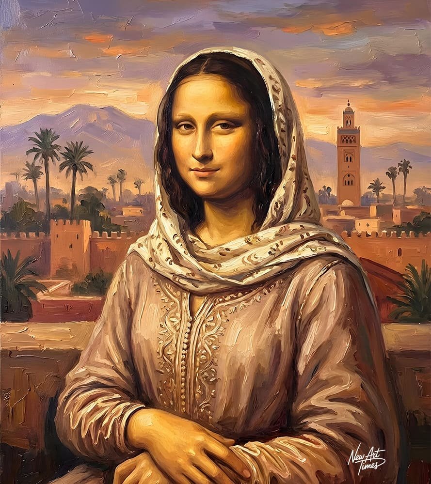 La Dame de Koutoubia — œuvre originale NewArtTimes inspirée d’un portrait iconique revisité dans un décor de Marrakech