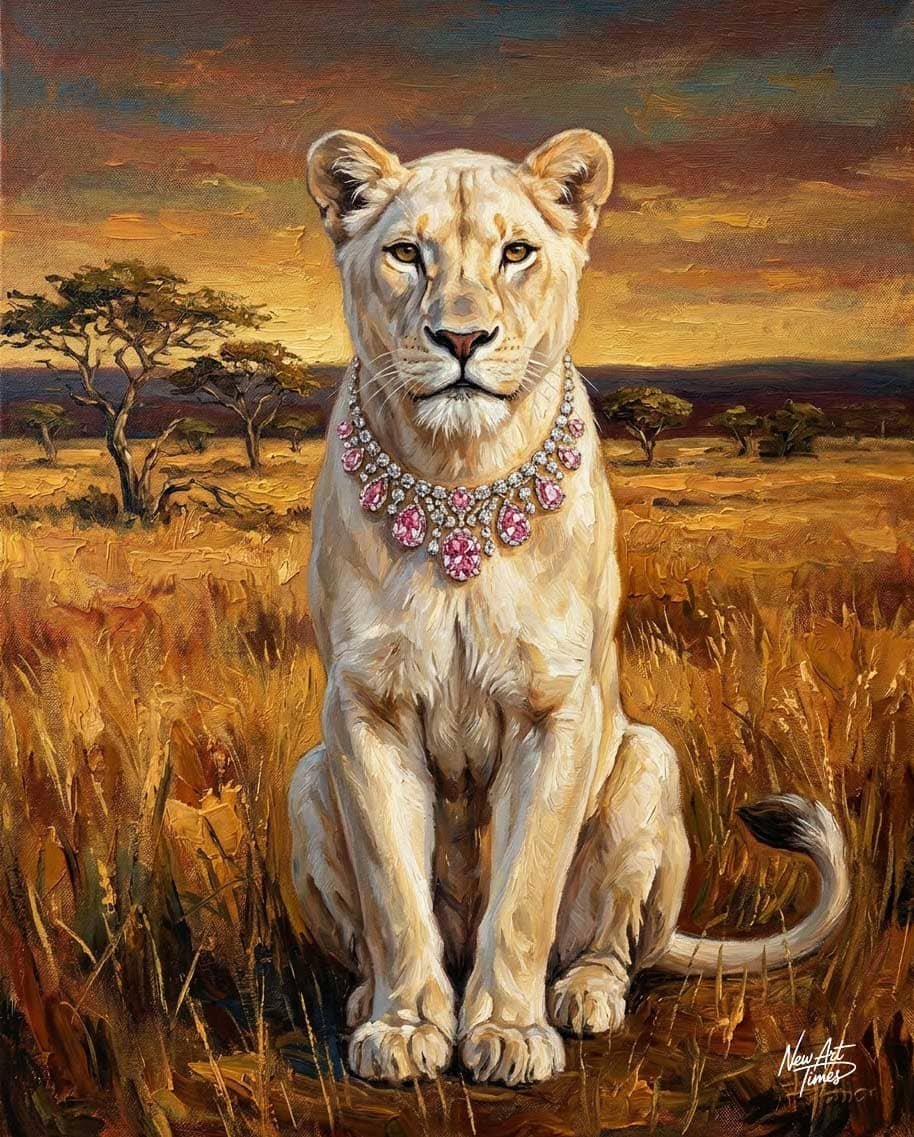 La Reine Blanche — œuvre originale New Art Times représentant une lionne blanche parée d’un collier précieux dans la savane
