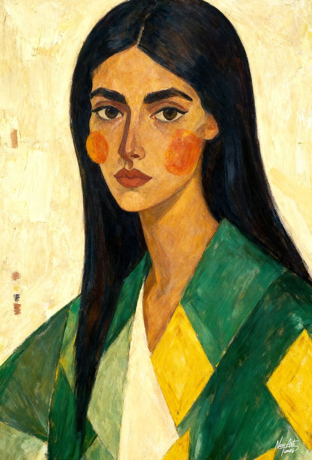 Deux Feux — œuvre originale NewArtTimes représentant un portrait féminin aux joues rouge orangé dans une composition verte et jaune