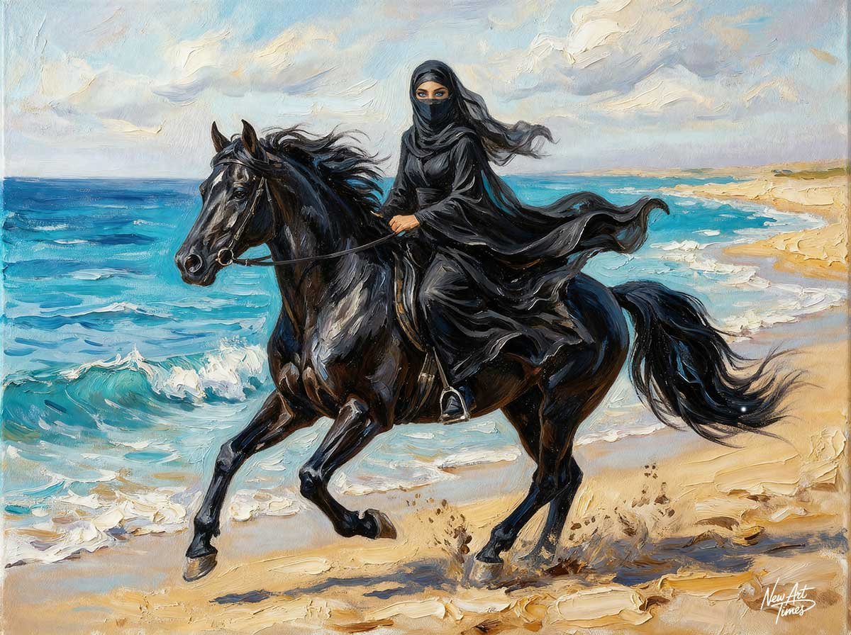 L’Échappée Noire — œuvre originale New Art Times représentant une cavalière voilée de noir aux yeux bleus sur un cheval noir au galop devant une mer turquoise