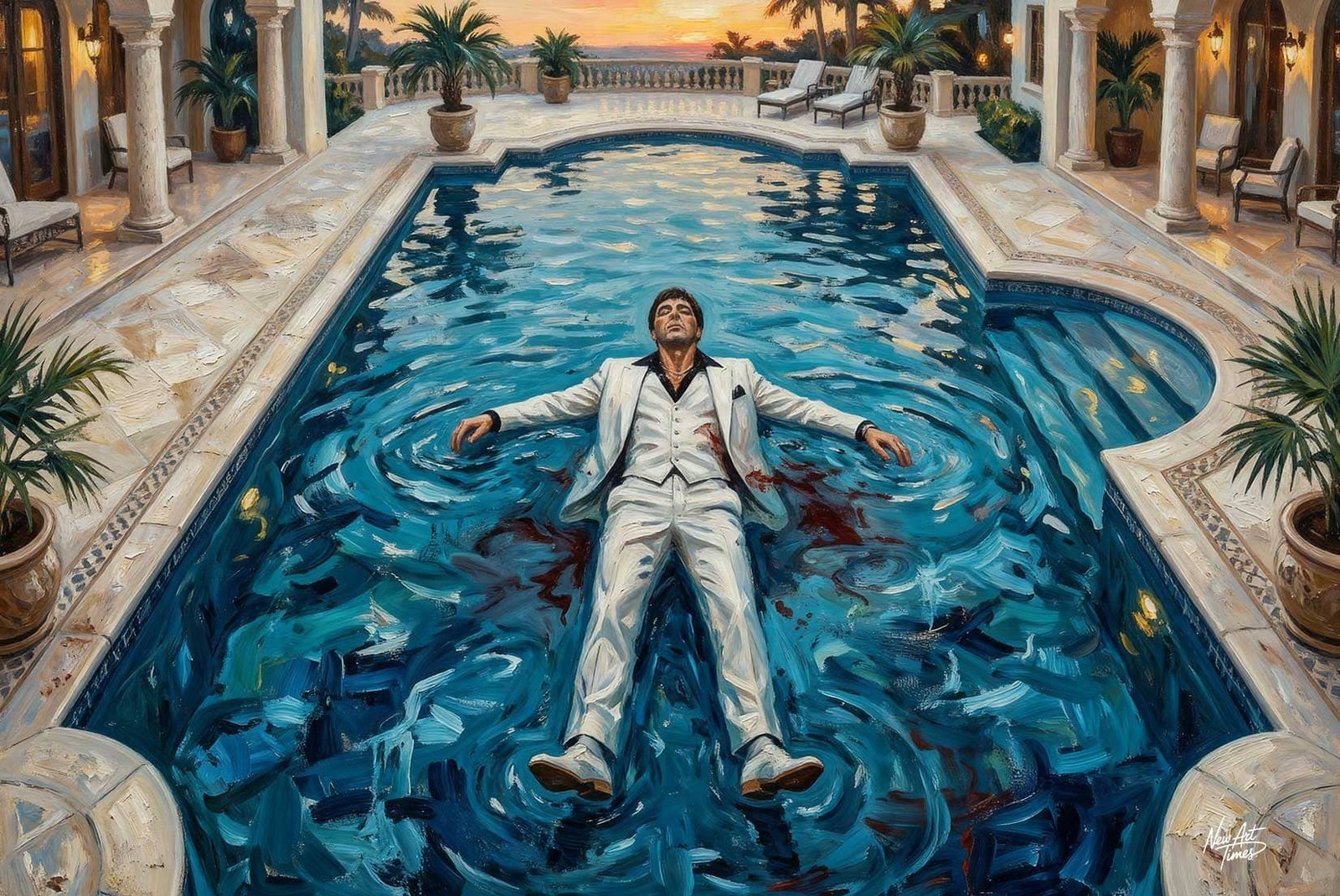 La Chute — œuvre originale New Art Times représentant Tony Montana étendu dans une piscine au cœur d’une demeure luxueuse