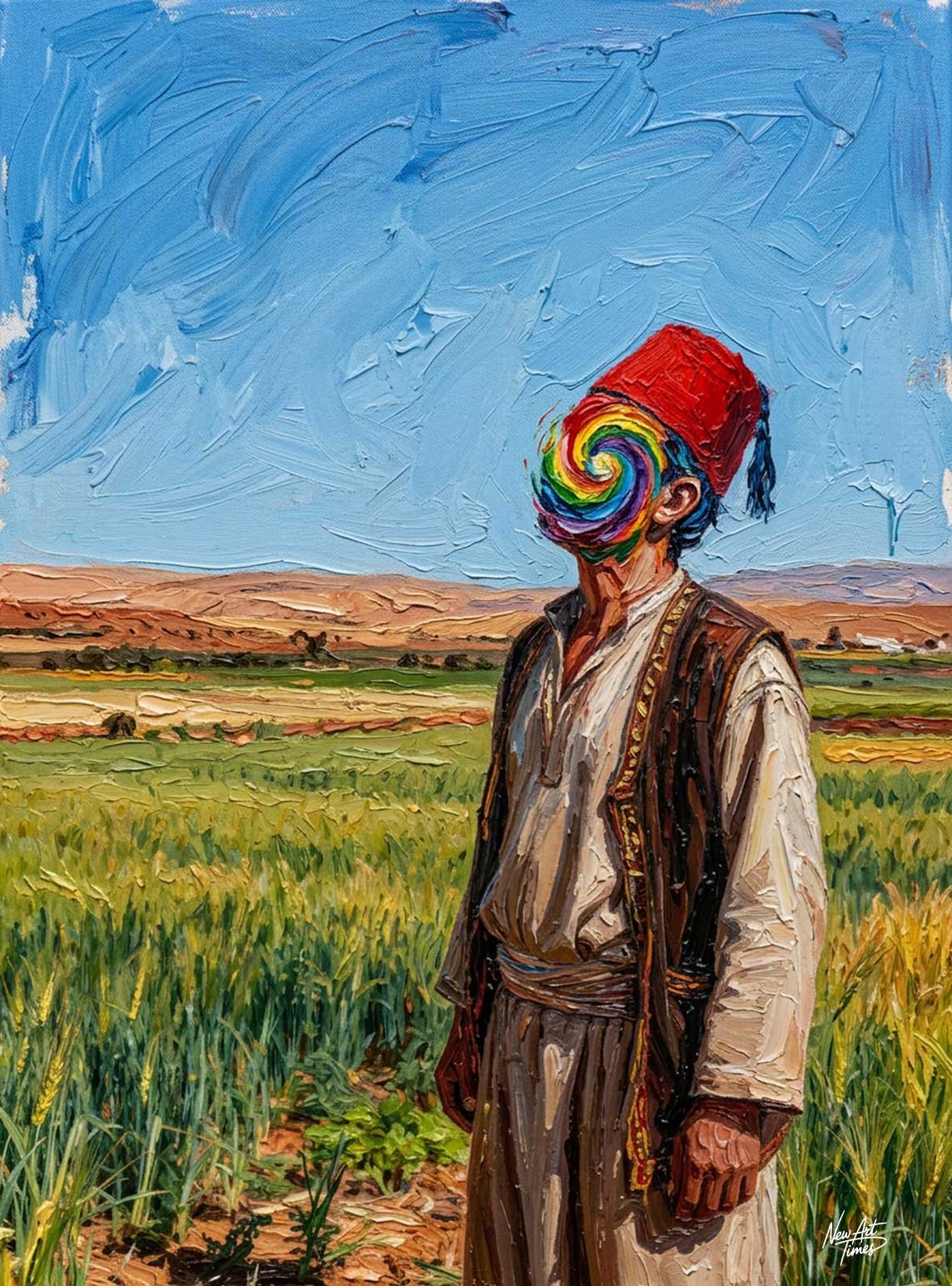 La Liberté en couleurs — œuvre originale NewArtTimes représentant un paysan marocain dans un champ avec un tourbillon arc en ciel à la place du visage