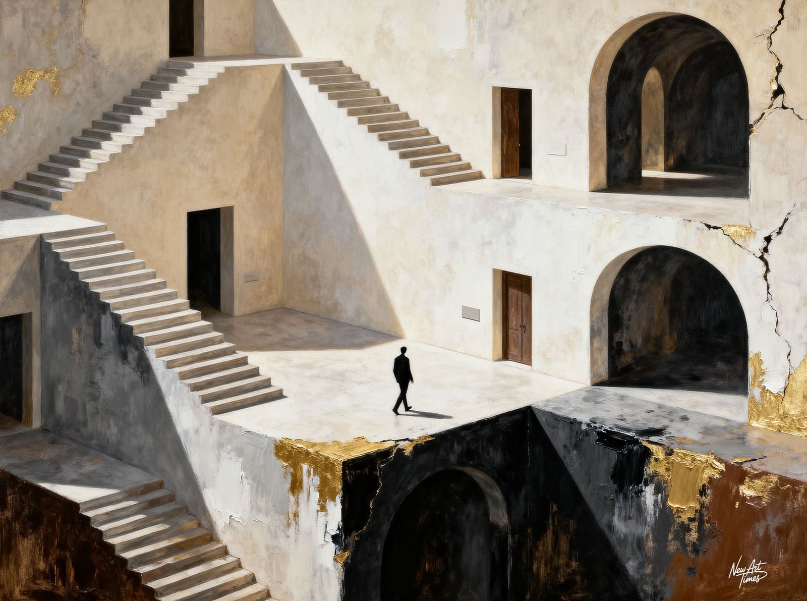 L’Angle Mort — œuvre originale NewArtTimes représentant un personnage solitaire dans une architecture impossible d’escaliers, d’arches et de perspectives