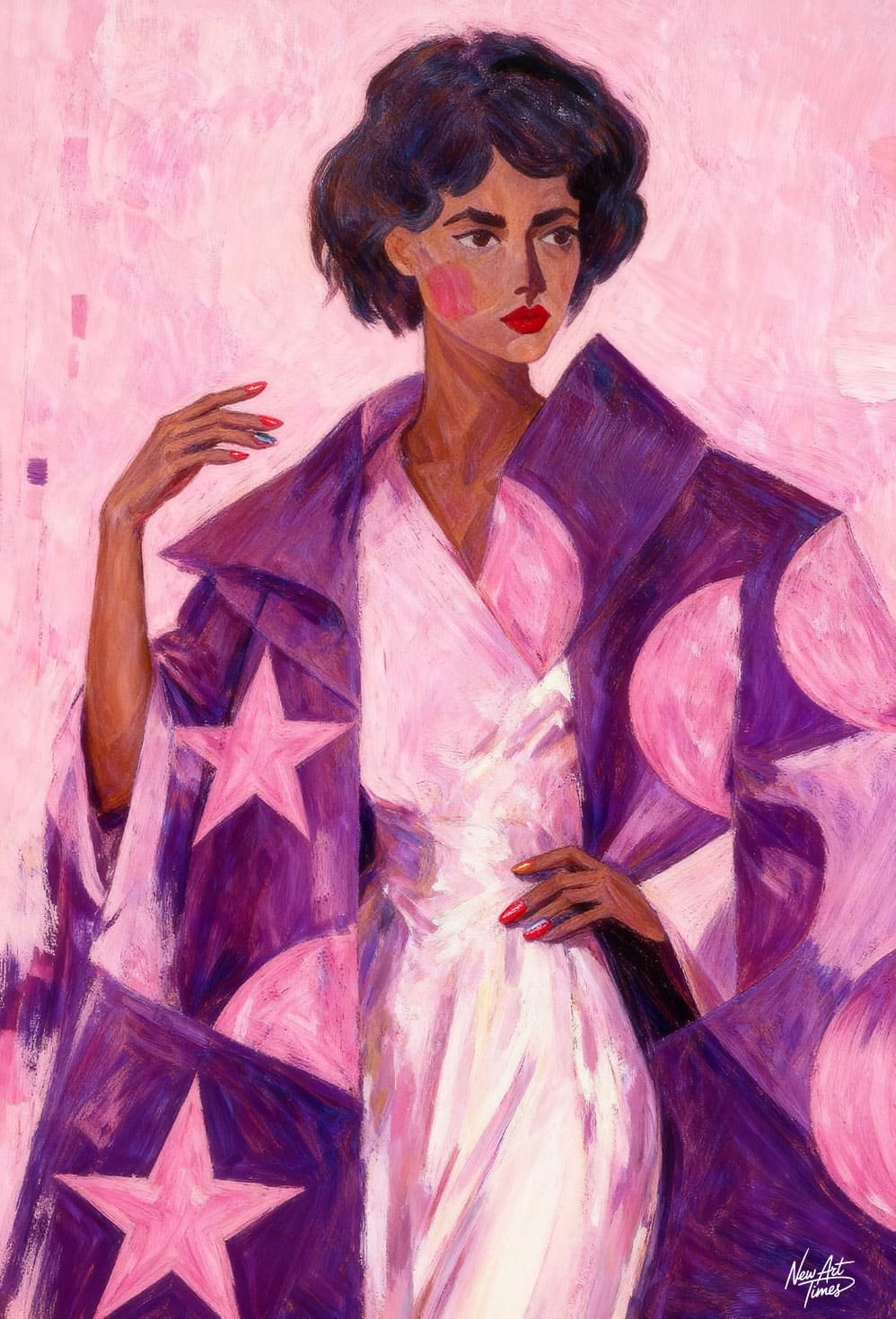 Velours d’Étoiles — œuvre originale NewArtTimes représentant une femme élégante en pose dans une composition rose et violette ornée d’étoiles