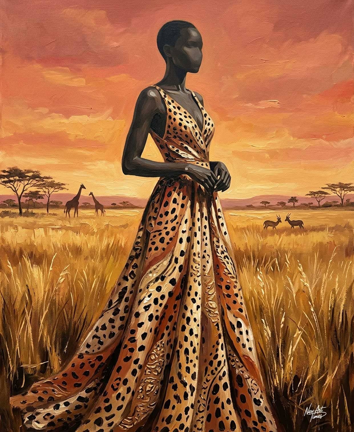 L'Éclat de la Savane — œuvre originale New Art Times représentant une silhouette féminine élégante dans une savane dorée