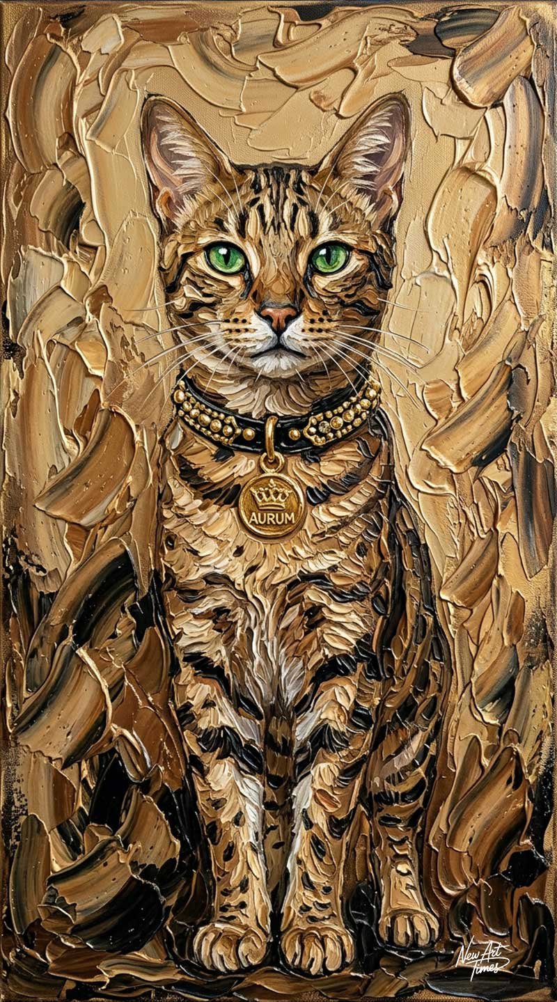 Aurum — L’Héritier Sauvage — œuvre originale NewArtTimes représentant un chat Ashera aux yeux verts portant un collier noir et doré dans une composition fortement texturée aux tonalités or et brun
