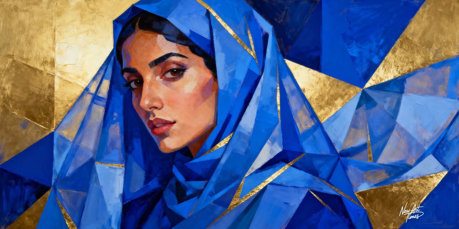 Le Voile Cobalt — œuvre originale NewArtTimes représentant une femme voilée dans une composition géométrique bleu cobalt et dorée