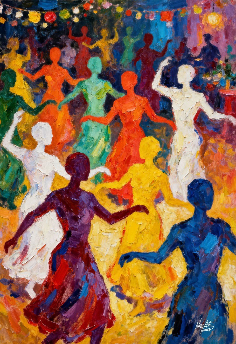 Le Bal des Couleurs — œuvre originale New Art Times représentant une scène de danse animée par des silhouettes colorées