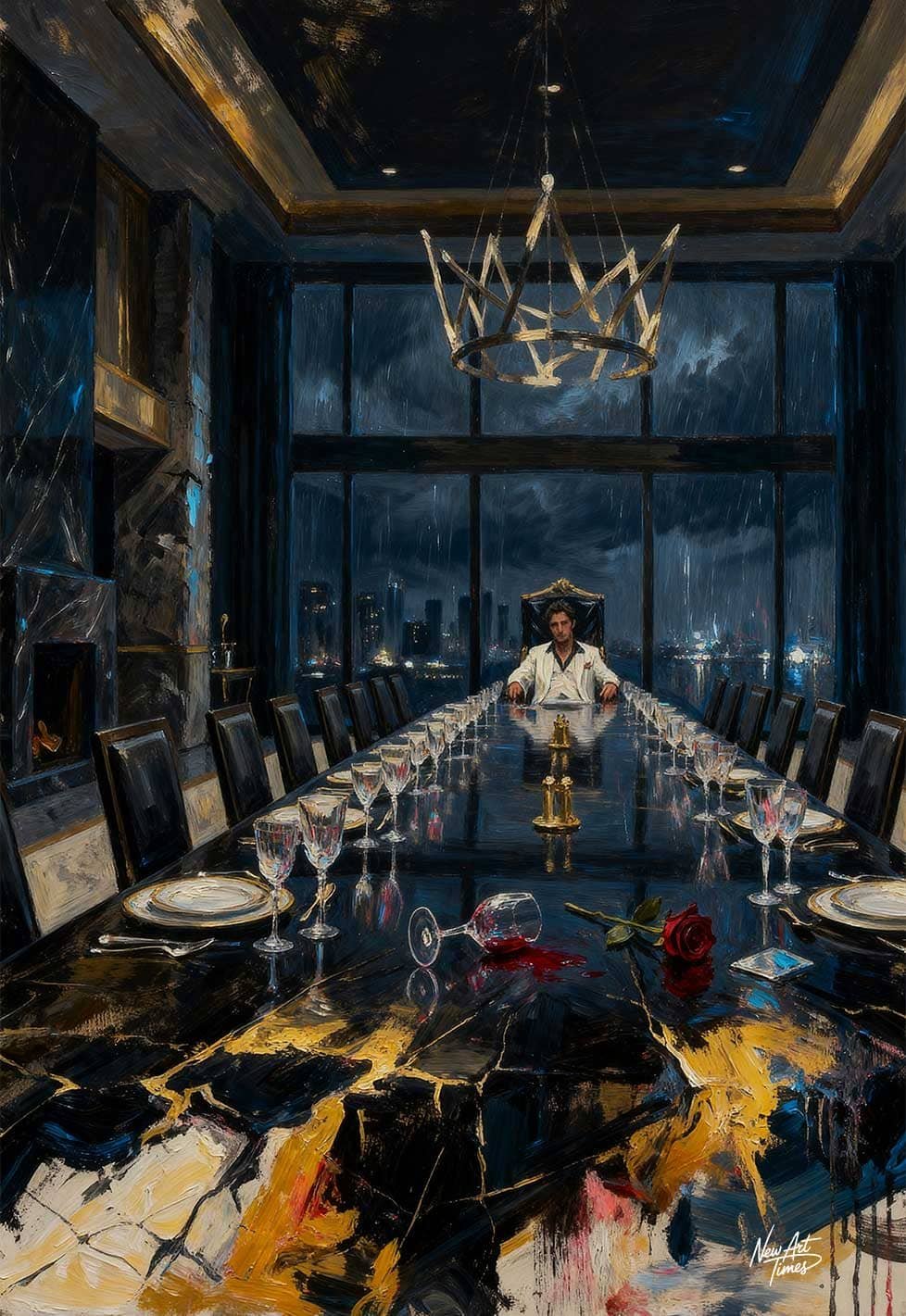 Le Dernier Convive — œuvre originale New Art Times représentant Tony Montana seul au bout d’une immense table dans un intérieur nocturne luxueux