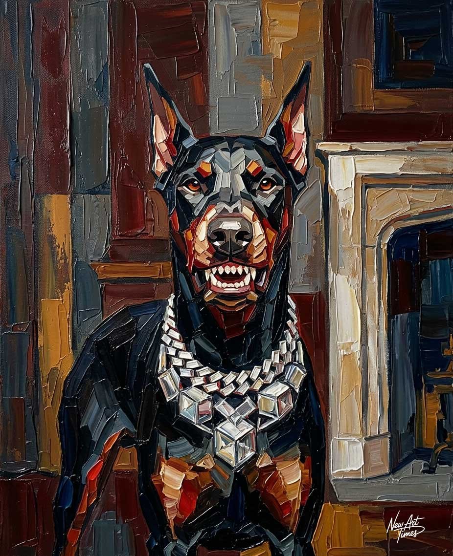 Le Gardien — œuvre originale NewArtTimes représentant un Dobermann portant d’imposantes chaînes argentées dans un intérieur sombre et luxueux