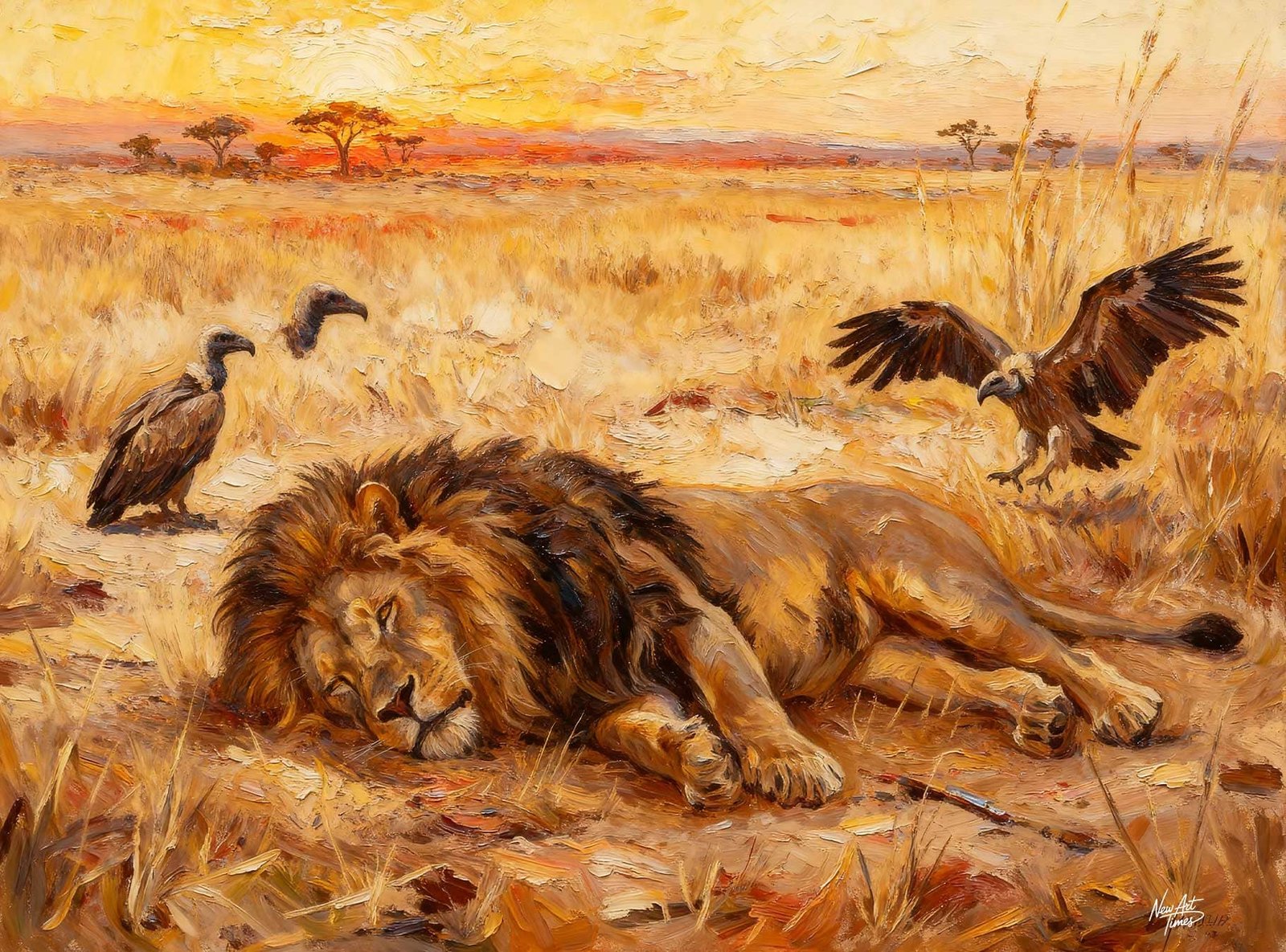 Le roi est mort ce soir — œuvre originale New Art Times représentant un lion étendu dans la savane sous le regard de vautours