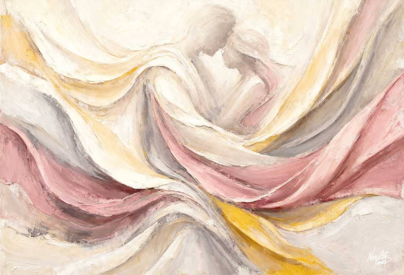 Les Amants Privés — tableau New Art Times représentant un couple enveloppé dans des mouvements de matière rose, ivoire et dorée