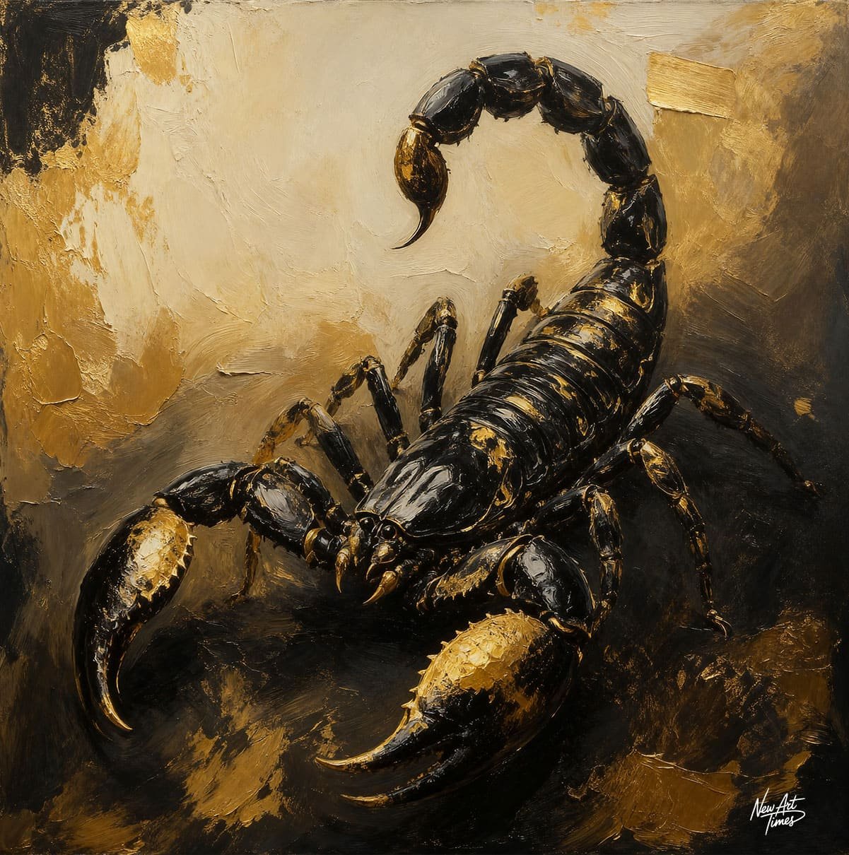 Le Venin d’Or — œuvre originale NewArtTimes représentant un scorpion noir monumental aux éclats dorés