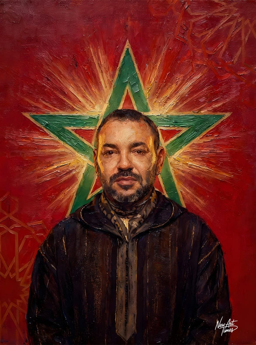 Sous l’Étoile Verte — œuvre originale NewArtTimes, portrait royal sur fond rouge avec étoile verte