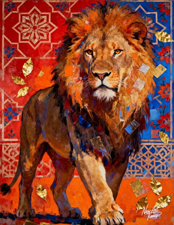 Le Souverain de Zellige — œuvre originale NewArtTimes représentant un lion majestueux sur fond de motifs orientaux rouges, bleus et dorés