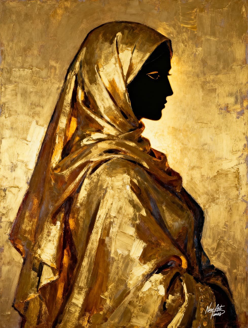 Golden Silence — œuvre originale NewArtTimes représentant une silhouette féminine enveloppée de drapés dorés dans une composition sombre et lumineuse
