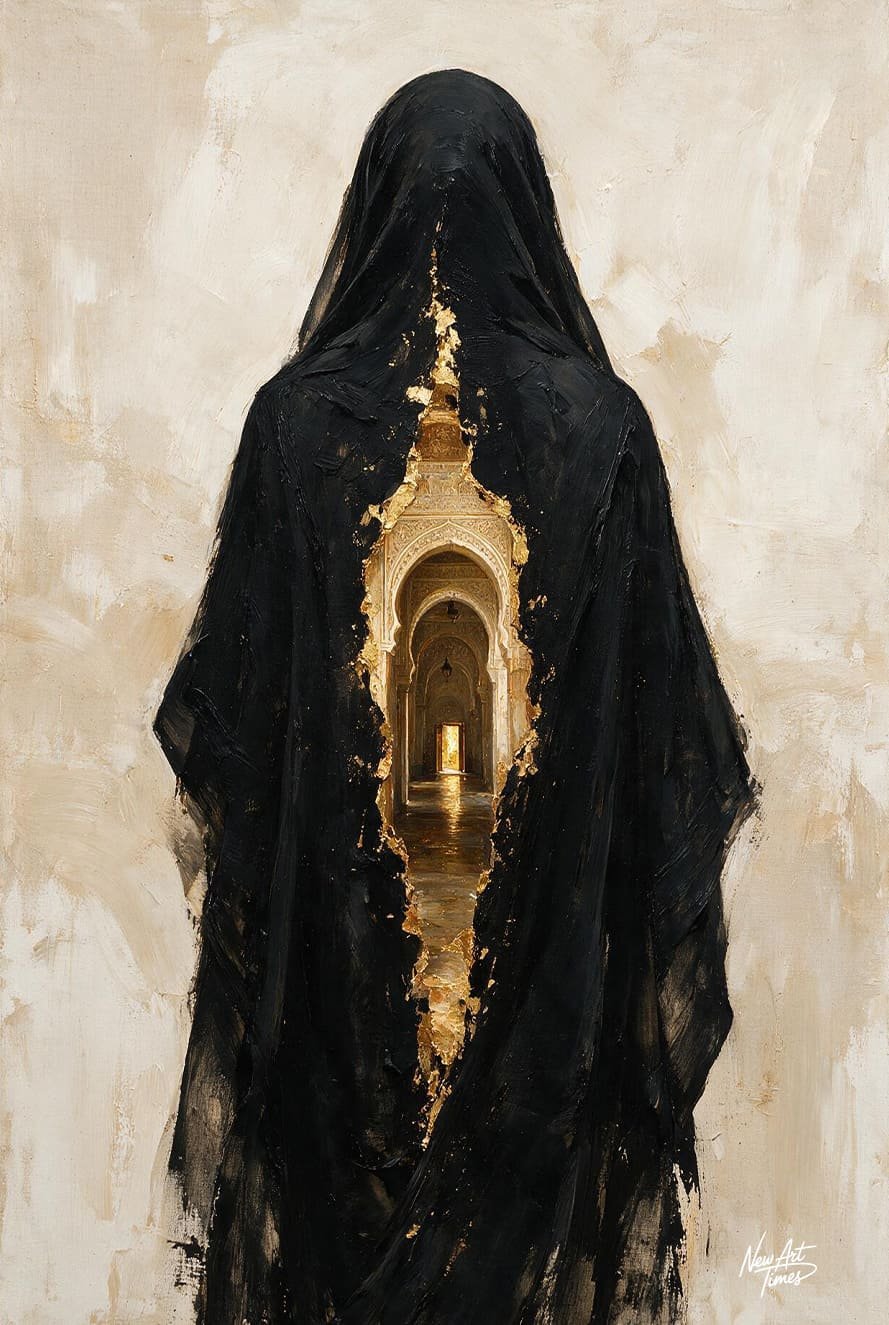 Ce Que l’Ombre Garde — œuvre originale NewArtTimes représentant une silhouette noire traversée par une ouverture architecturale dorée