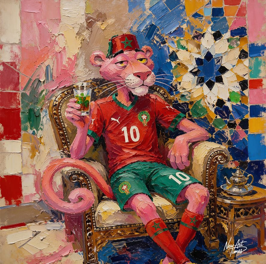 Le Dix du Royaume — œuvre originale NewArtTimes représentant une figure féline en tenue marocaine dans un décor de zellige