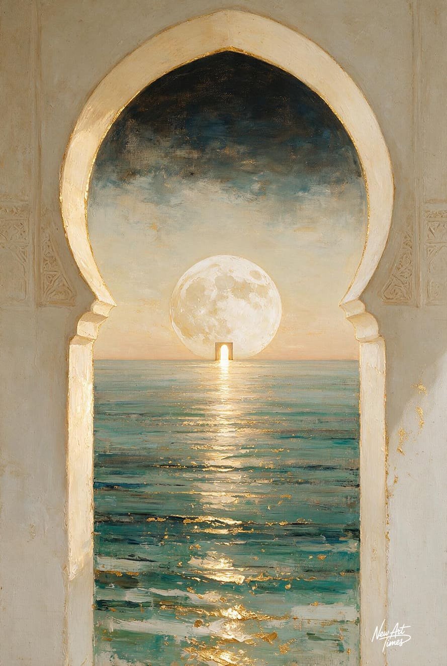 La Porte des Marées — œuvre originale NewArtTimes représentant une arche orientale ouverte sur la mer et une lune monumentale