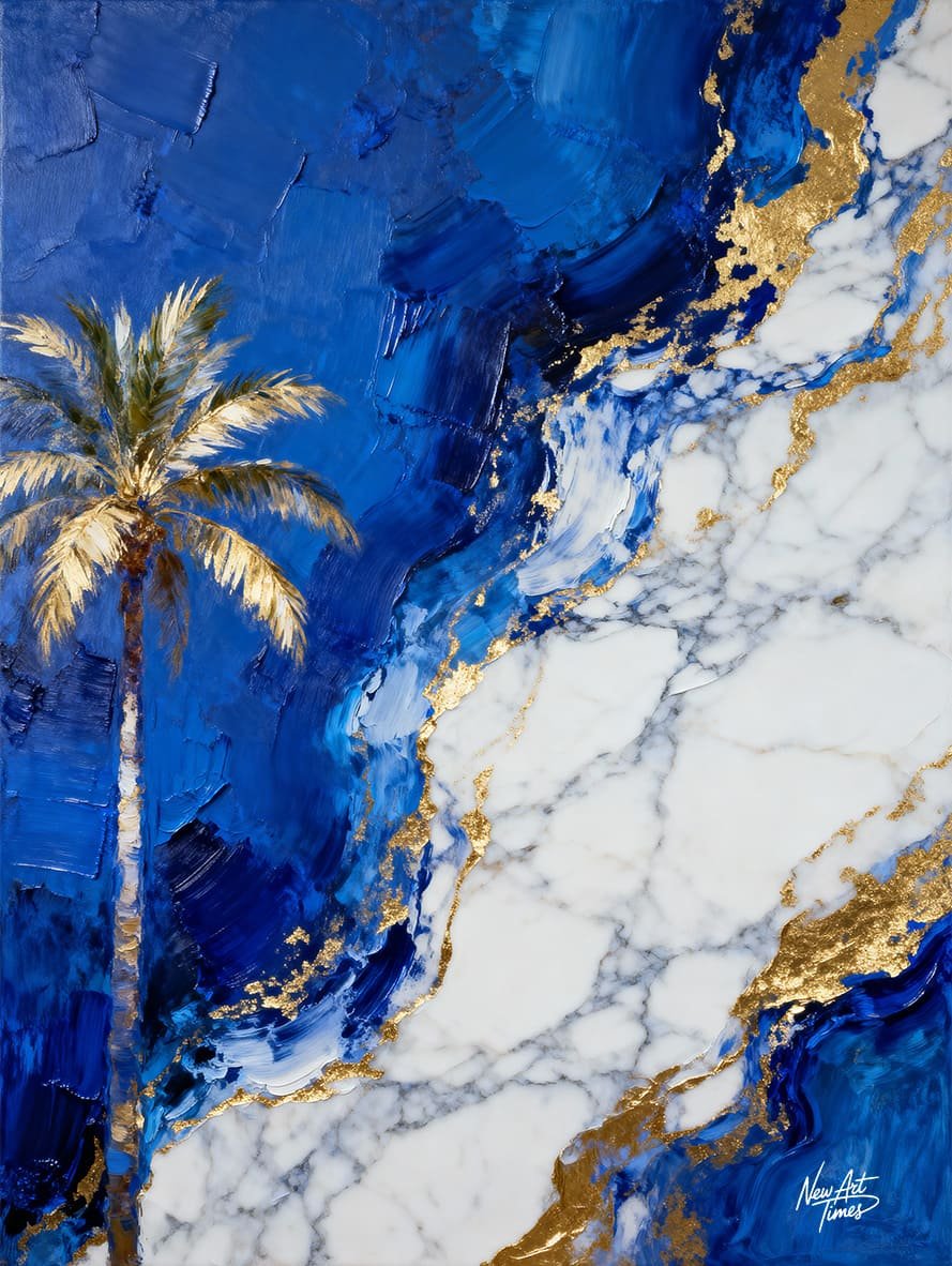 Azure Oasis — œuvre originale NewArtTimes avec palmier, bleu profond, blanc minéral et touches dorées