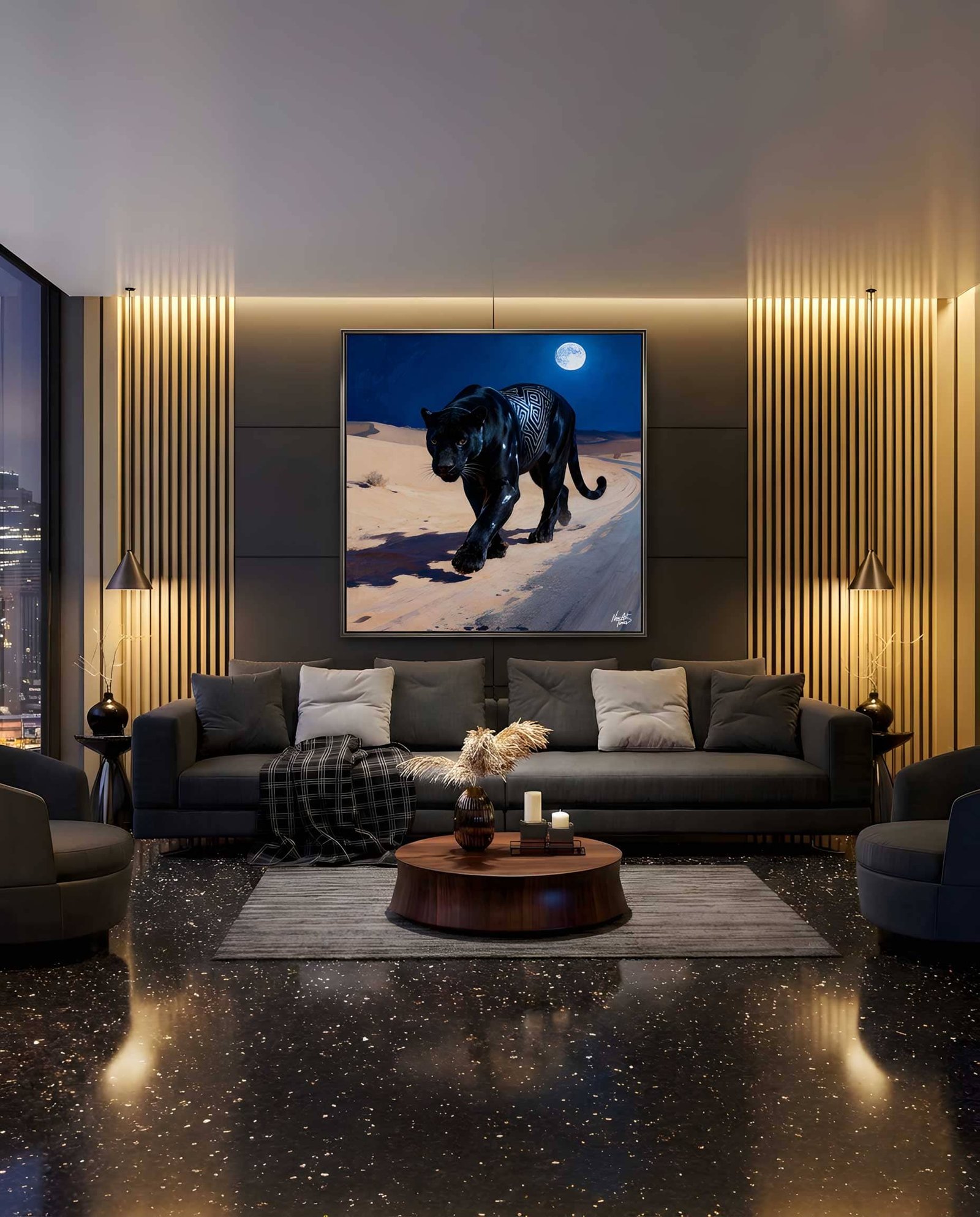 Œuvre New Art Times représentant une panthère noire exposée dans un intérieur contemporain
