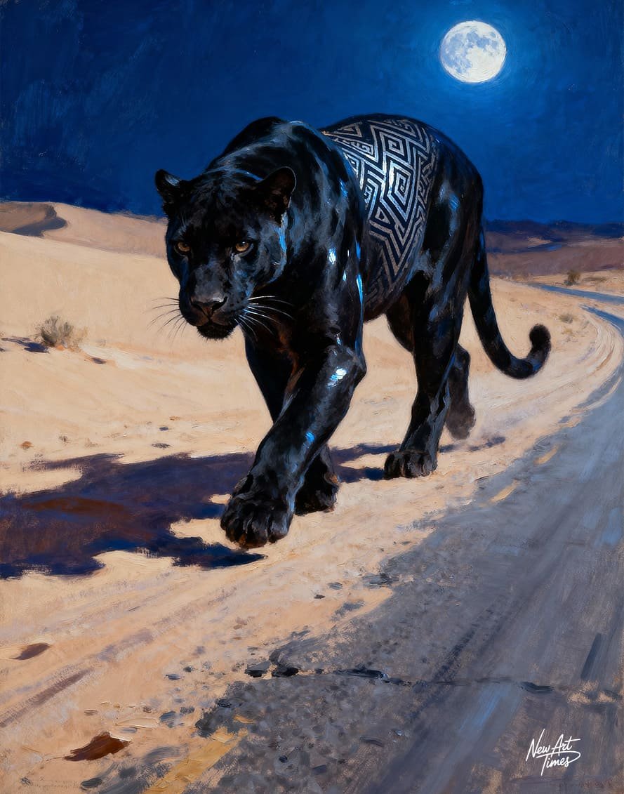 L’Ombre des Dunes — œuvre originale NewArtTimes représentant une panthère noire traversant le désert sous la lune