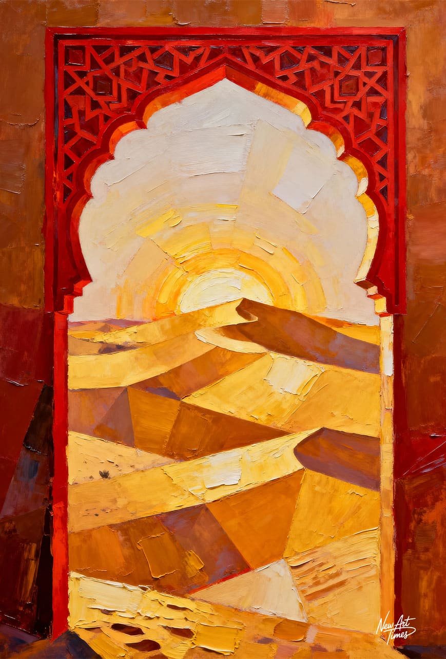 Le Seuil des Dunes — œuvre originale NewArtTimes représentant une arche rouge ouverte sur un désert de dunes dorées